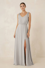 V - Neck A - Line Chiffon Bridesmaid Dress in Silver - KissProm Bridesmaid Dresses