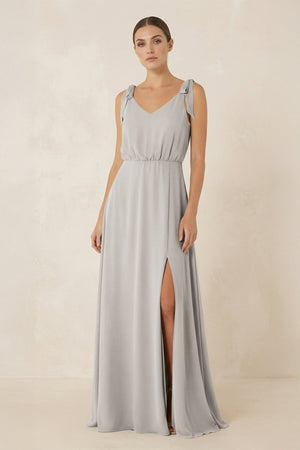 V - Neck A - Line Chiffon Bridesmaid Dress in Silver - KissProm Bridesmaid Dresses
