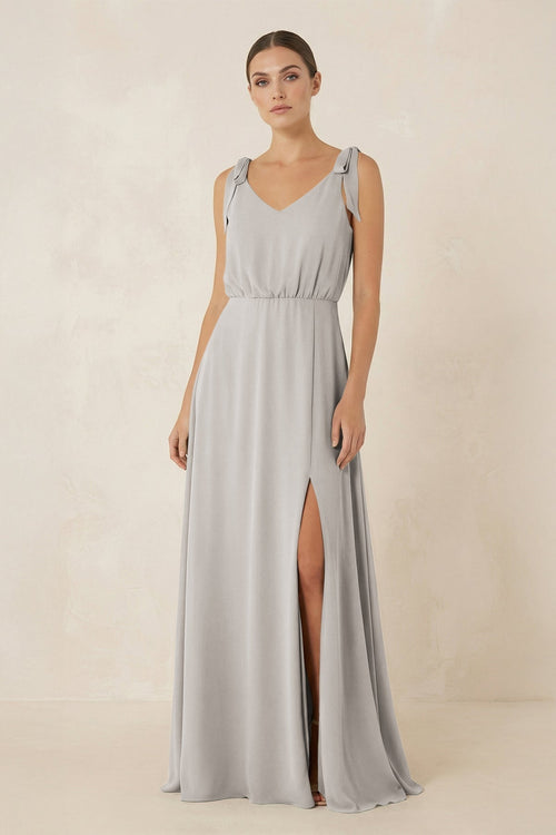 V - Neck A - Line Chiffon Bridesmaid Dress in Silver - KissProm Bridesmaid Dresses