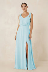 V - Neck A - Line Chiffon Bridesmaid Dress in Sky Blue - KissProm Bridesmaid Dresses