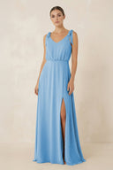 V - Neck A - Line Chiffon Bridesmaid Dress in Steel Blue - KissProm Bridesmaid Dresses