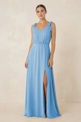 V - Neck A - Line Chiffon Bridesmaid Dress in Steel Blue - KissProm Bridesmaid Dresses