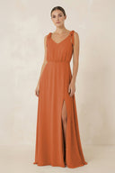 V - Neck A - Line Chiffon Bridesmaid Dress in Terracotta - KissProm Bridesmaid Dresses