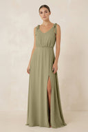 V - Neck A - Line Chiffon Bridesmaid Dress in Thyme - KissProm Bridesmaid Dresses