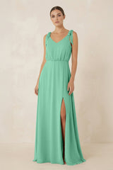 V - Neck A - Line Chiffon Bridesmaid Dress in Turquoise - KissProm Bridesmaid Dresses