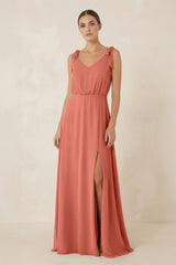 V - Neck A - Line Chiffon Bridesmaid Dress in Wild Rose - KissProm Bridesmaid Dresses