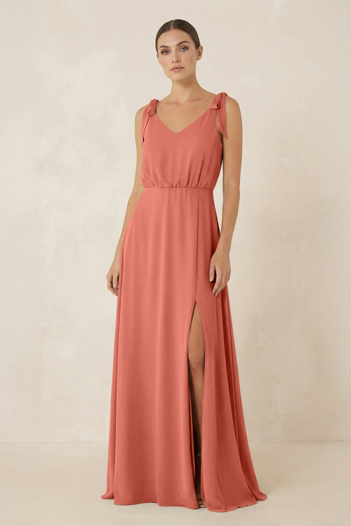 V - Neck A - Line Chiffon Bridesmaid Dress in Wild Rose - KissProm Bridesmaid Dresses