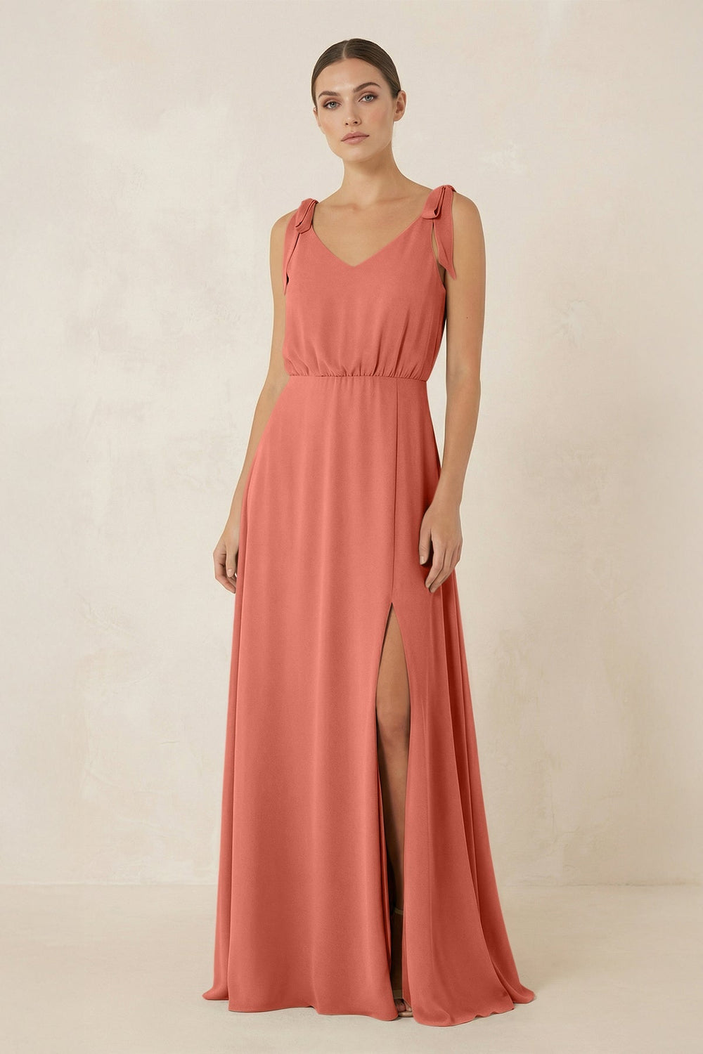 V - Neck A - Line Chiffon Bridesmaid Dress in Wild Rose - KissProm Bridesmaid Dresses
