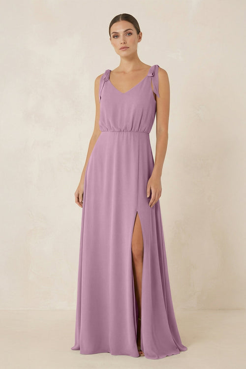V - Neck A - Line Chiffon Bridesmaid Dress in Wisteria - KissProm Bridesmaid Dresses