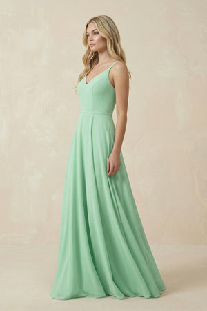 V-Neck A-Line Chiffon Bridesmaid Dress with Crisscross Back in Pale Pistachio - KissProm BRIDESMAID DRESSES