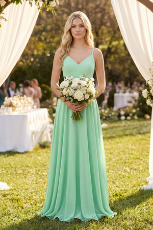 V-Neck A-Line Chiffon Bridesmaid Dress with Crisscross Back in Pale Pistachio - KissProm BRIDESMAID DRESSES