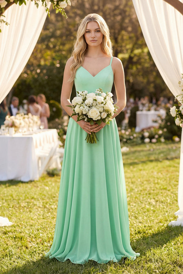 V-Neck A-Line Chiffon Bridesmaid Dress with Crisscross Back in Pale Pistachio - KissProm BRIDESMAID DRESSES