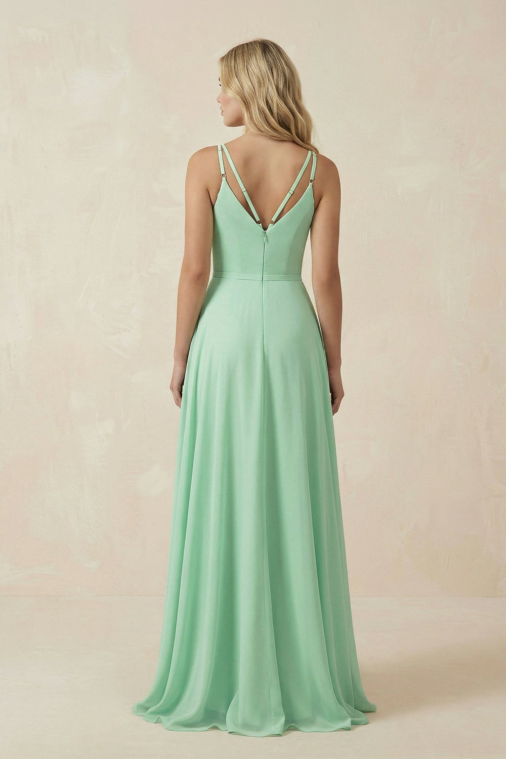 V-Neck A-Line Chiffon Bridesmaid Dress with Crisscross Back in Pale Pistachio - KissProm BRIDESMAID DRESSES