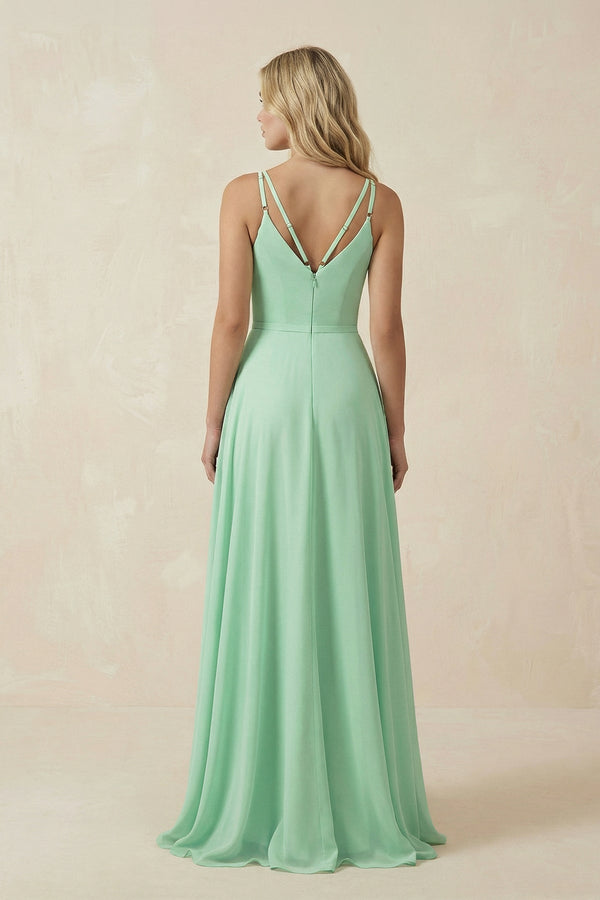 V-Neck A-Line Chiffon Bridesmaid Dress with Crisscross Back in Pale Pistachio - KissProm BRIDESMAID DRESSES