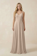 V - Neck A - Line Chiffon Bridesmaid Dress with Crisscross Back in Almond - KissProm Bridesmaid Dresses