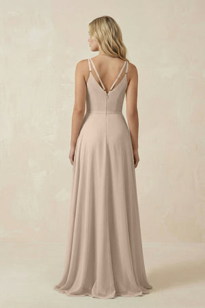 V - Neck A - Line Chiffon Bridesmaid Dress with Crisscross Back in Almond - KissProm Bridesmaid Dresses