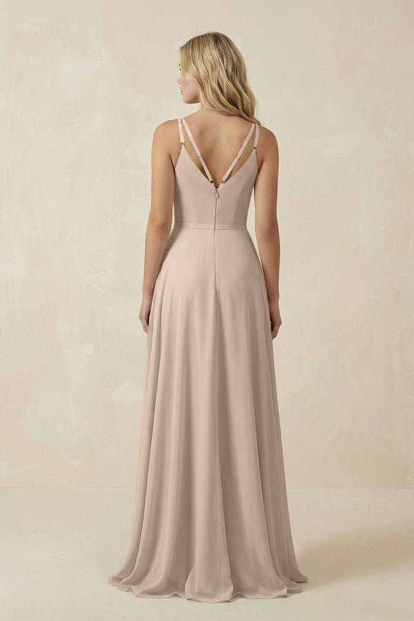 V - Neck A - Line Chiffon Bridesmaid Dress with Crisscross Back in Almond - KissProm Bridesmaid Dresses