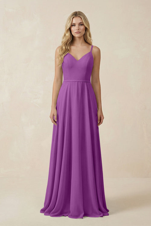 V - Neck A - Line Chiffon Bridesmaid Dress with Crisscross Back in Amethyst - KissProm Bridesmaid Dresses