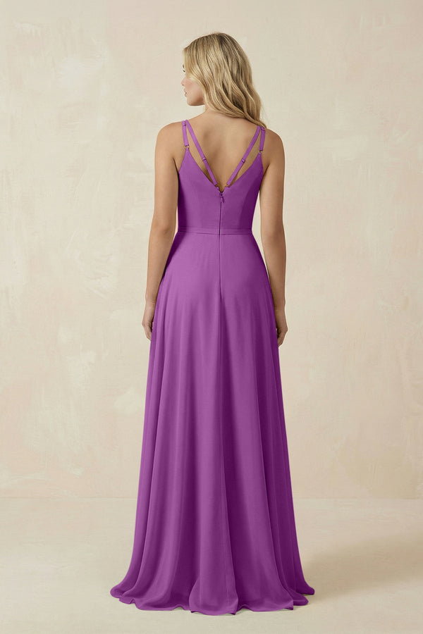 V - Neck A - Line Chiffon Bridesmaid Dress with Crisscross Back in Amethyst - KissProm Bridesmaid Dresses
