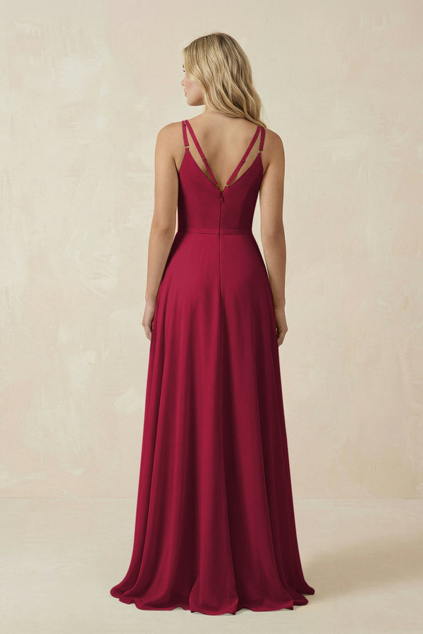 V - Neck A - Line Chiffon Bridesmaid Dress with Crisscross Back in Berry - KissProm Bridesmaid Dresses