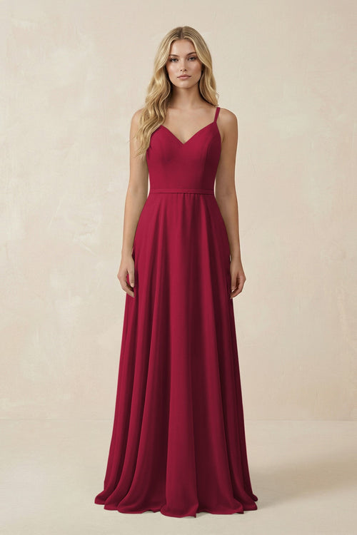V - Neck A - Line Chiffon Bridesmaid Dress with Crisscross Back in Berry - KissProm Bridesmaid Dresses