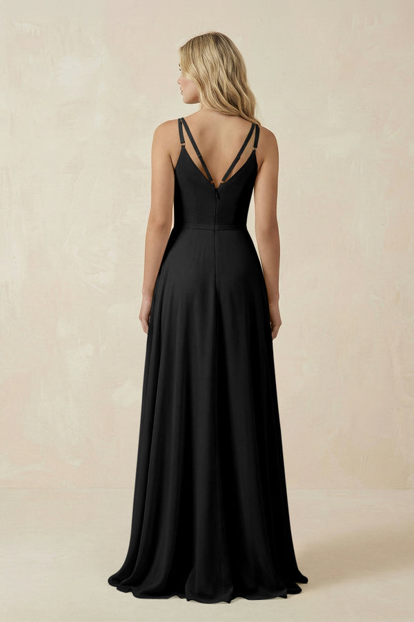 V - Neck A - Line Chiffon Bridesmaid Dress with Crisscross Back in Black - KissProm Bridesmaid Dresses