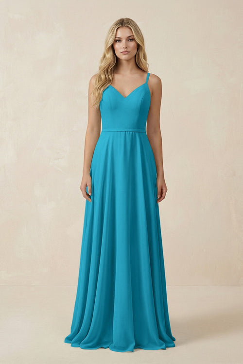 V - Neck A - Line Chiffon Bridesmaid Dress with Crisscross Back in Blue Jay - KissProm Bridesmaid Dresses