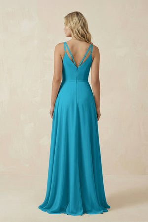 V - Neck A - Line Chiffon Bridesmaid Dress with Crisscross Back in Blue Jay - KissProm Bridesmaid Dresses