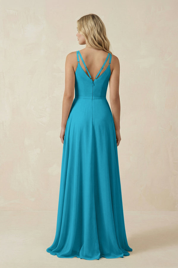 V - Neck A - Line Chiffon Bridesmaid Dress with Crisscross Back in Blue Jay - KissProm Bridesmaid Dresses
