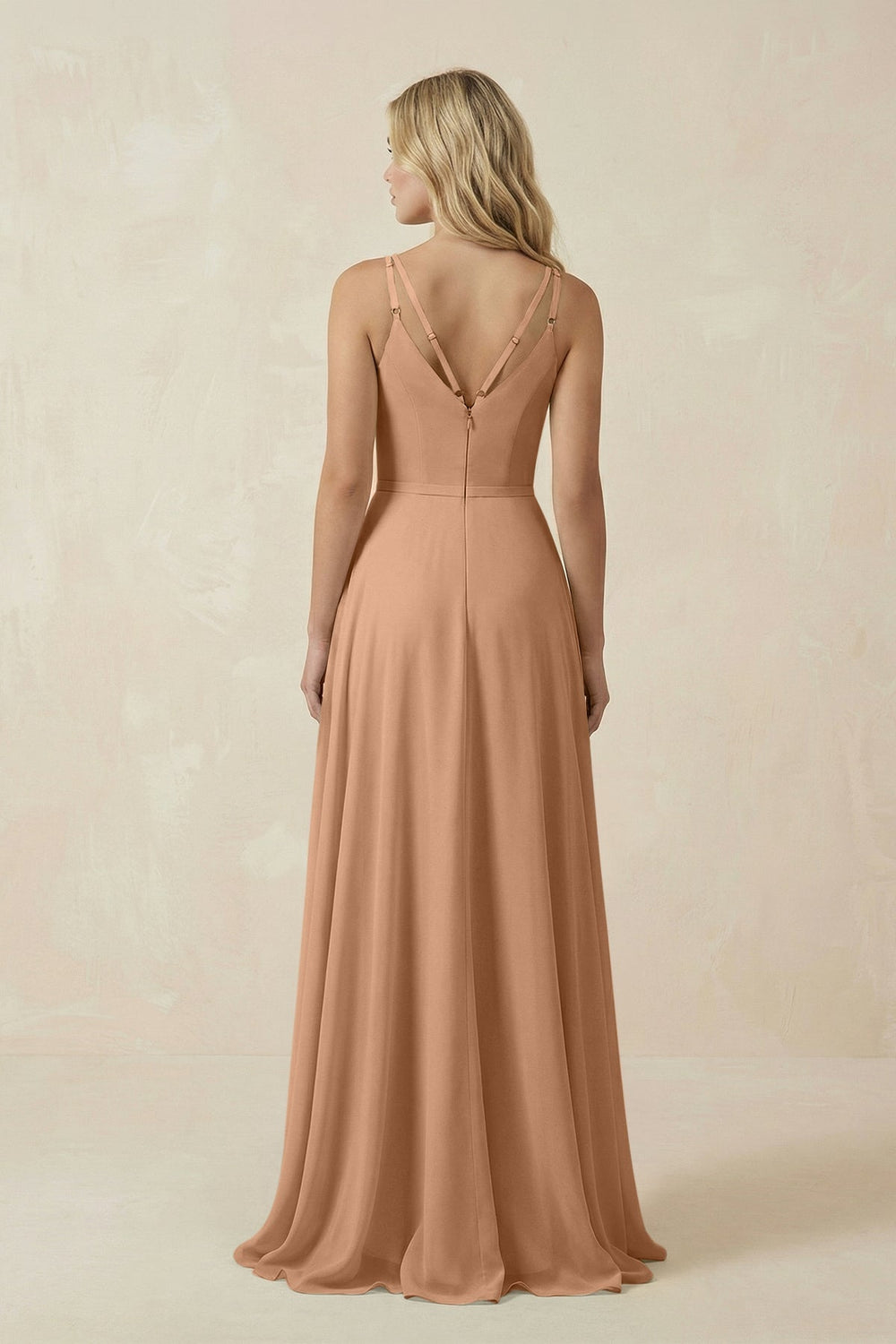 V - Neck A - Line Chiffon Bridesmaid Dress with Crisscross Back in Bronzer - KissProm Bridesmaid Dresses
