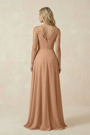 V - Neck A - Line Chiffon Bridesmaid Dress with Crisscross Back in Bronzer - KissProm Bridesmaid Dresses