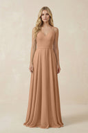 V - Neck A - Line Chiffon Bridesmaid Dress with Crisscross Back in Bronzer - KissProm Bridesmaid Dresses