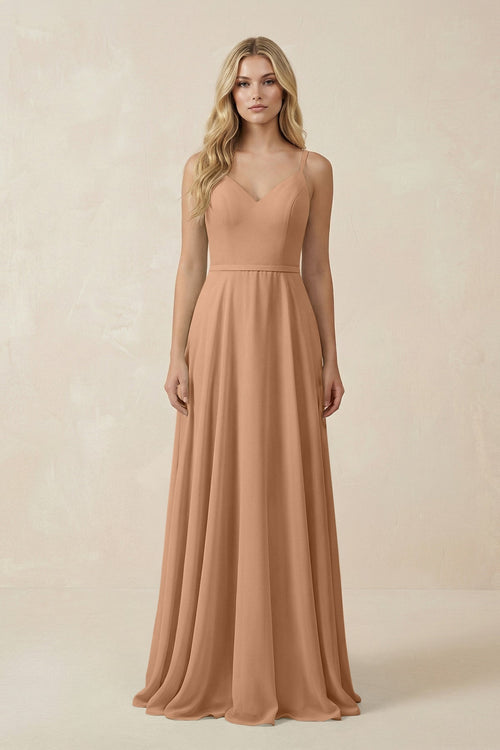 V - Neck A - Line Chiffon Bridesmaid Dress with Crisscross Back in Bronzer - KissProm Bridesmaid Dresses