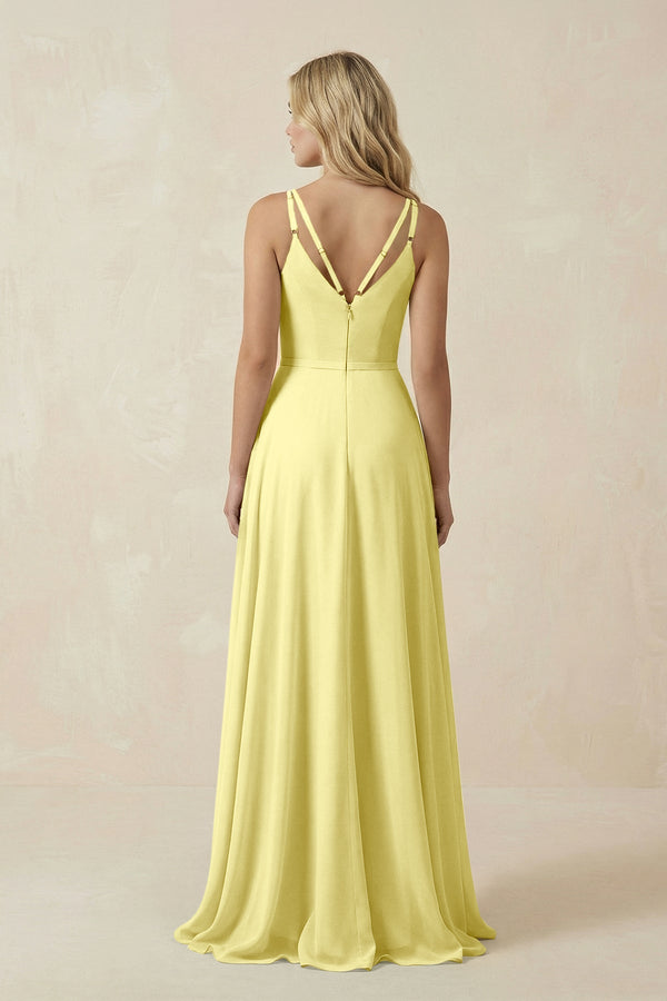 V - Neck A - Line Chiffon Bridesmaid Dress with Crisscross Back in Buttercup - KissProm Bridesmaid Dresses