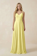 V - Neck A - Line Chiffon Bridesmaid Dress with Crisscross Back in Buttercup - KissProm Bridesmaid Dresses