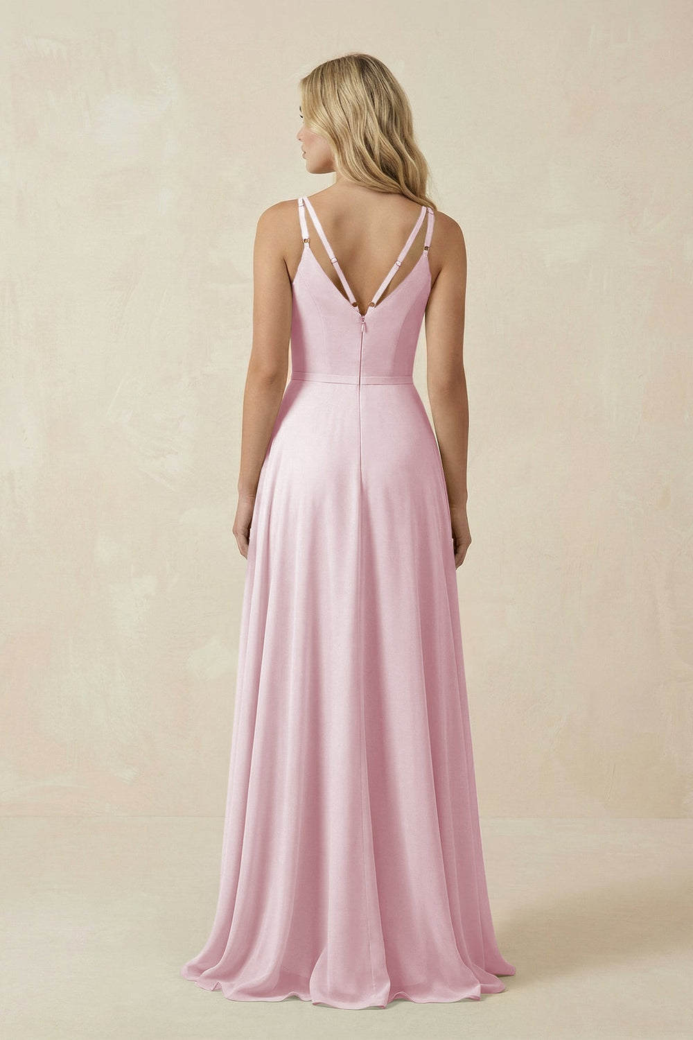 V - Neck A - Line Chiffon Bridesmaid Dress with Crisscross Back in Candy Pink - KissProm Bridesmaid Dresses