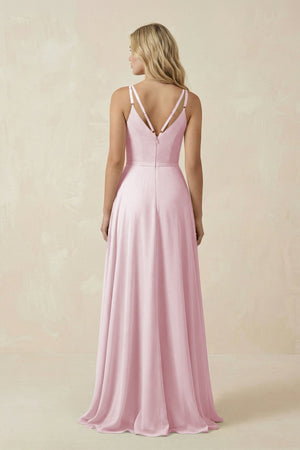 V - Neck A - Line Chiffon Bridesmaid Dress with Crisscross Back in Candy Pink - KissProm Bridesmaid Dresses
