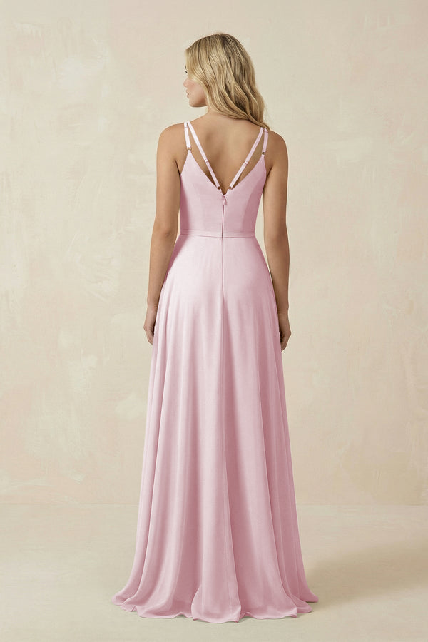 V - Neck A - Line Chiffon Bridesmaid Dress with Crisscross Back in Candy Pink - KissProm Bridesmaid Dresses