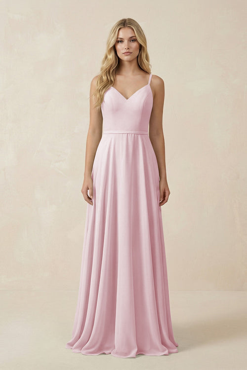 KissProm V-Neck A-Line Chiffon Bridesmaid Dress with Crisscross Back in Candy Pink, Candy Pink / 26