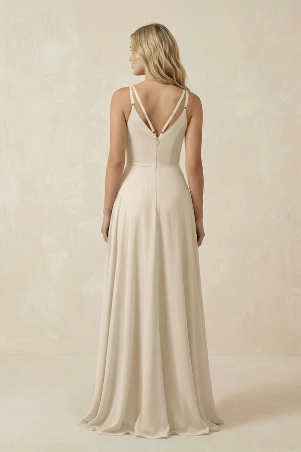 KissProm V-Neck A-Line Chiffon Bridesmaid Dress with Crisscross Back in Champagne, Champagne / 26