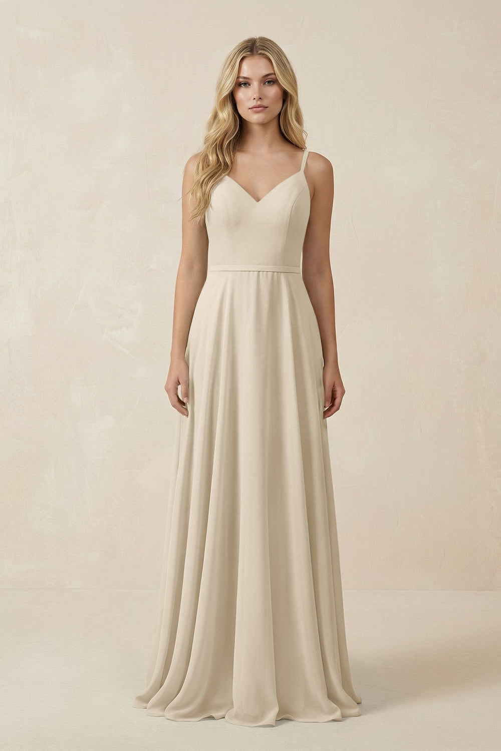 V - Neck A - Line Chiffon Bridesmaid Dress with Crisscross Back in Champagne - KissProm Bridesmaid Dresses