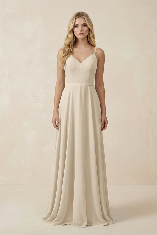 V - Neck A - Line Chiffon Bridesmaid Dress with Crisscross Back in Champagne - KissProm Bridesmaid Dresses