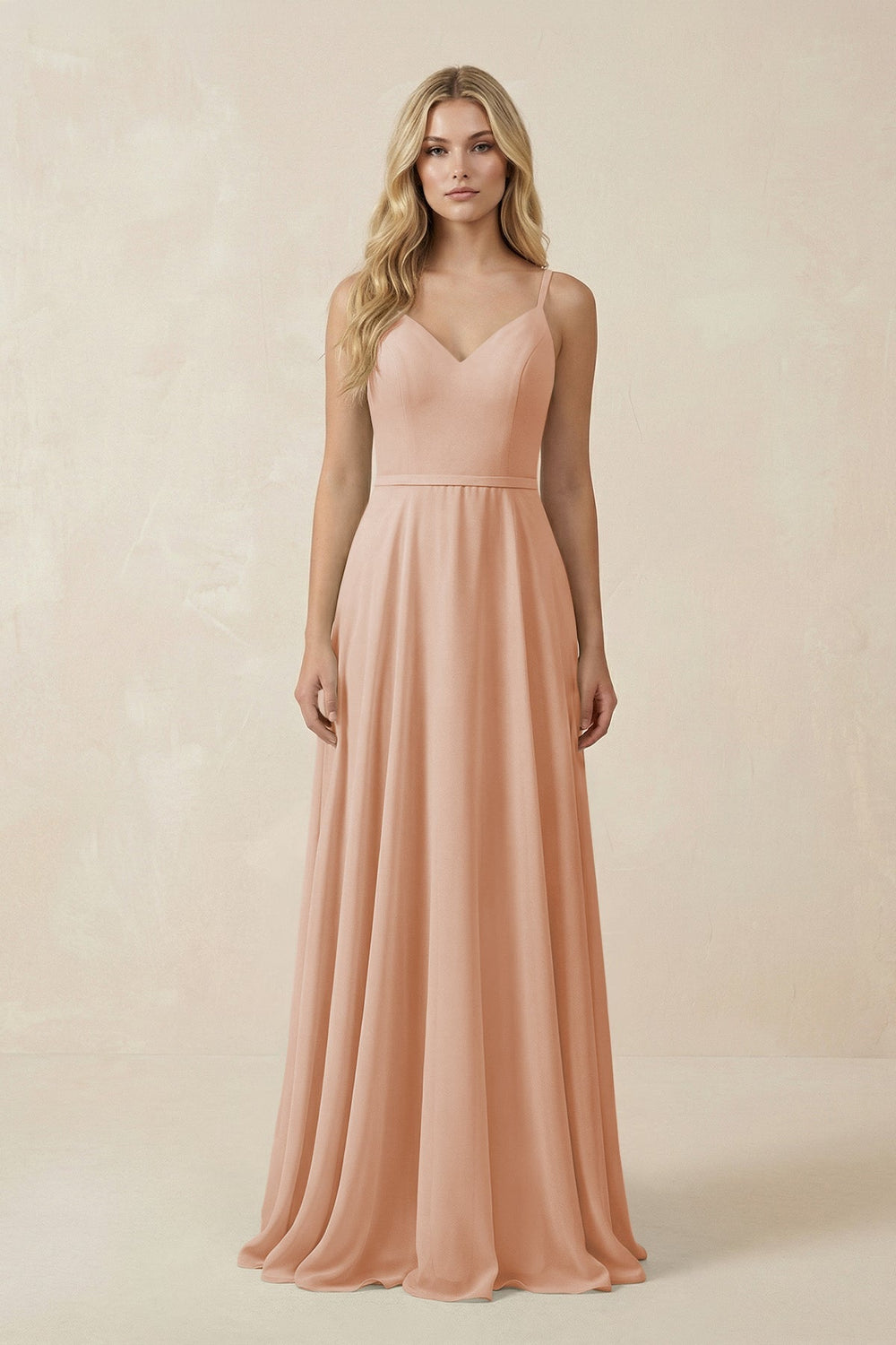 KissProm | V-Neck A-Line Chiffon Bridesmaid Dress in Champagne Rose KissProm | V-Neck A-Line Chiffon Bridesmaid Dress in Champagne Rose