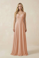 V - Neck A - Line Chiffon Bridesmaid Dress with Crisscross Back in Champagne Rose - KissProm Bridesmaid Dresses