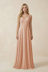 V - Neck A - Line Chiffon Bridesmaid Dress with Crisscross Back in Champagne Rose - KissProm Bridesmaid Dresses