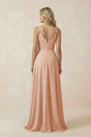 V - Neck A - Line Chiffon Bridesmaid Dress with Crisscross Back in Champagne Rose - KissProm Bridesmaid Dresses