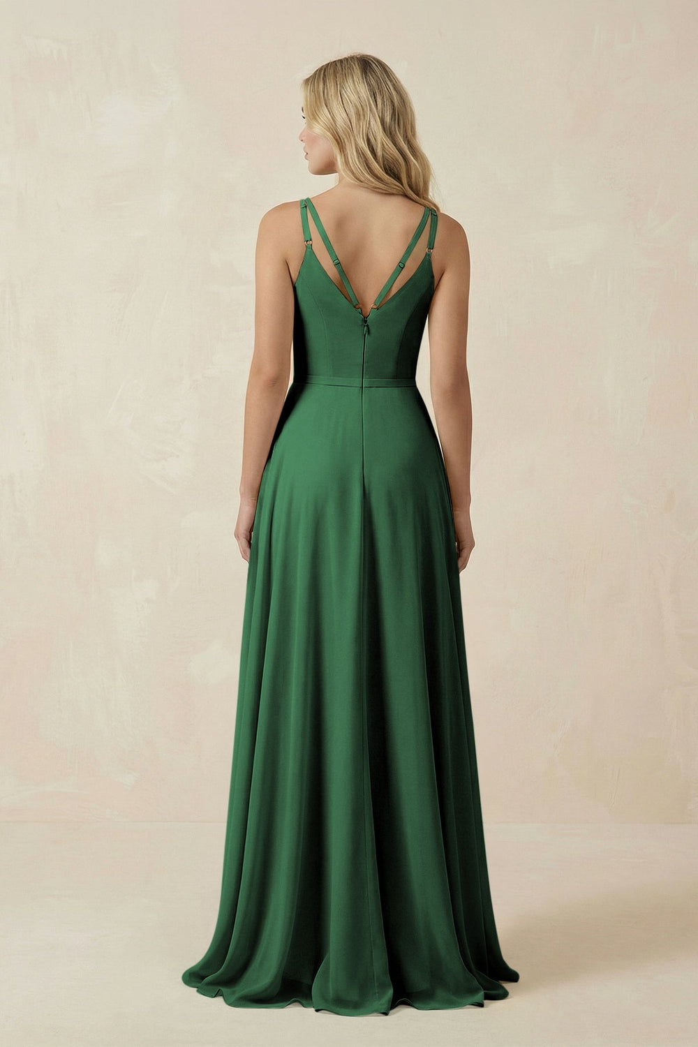 V - Neck A - Line Chiffon Bridesmaid Dress with Crisscross Back in Dark Green - KissProm Bridesmaid Dresses