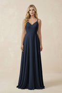 V - Neck A - Line Chiffon Bridesmaid Dress with Crisscross Back in Dark Navy - KissProm Bridesmaid Dresses