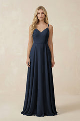 V - Neck A - Line Chiffon Bridesmaid Dress with Crisscross Back in Dark Navy - KissProm Bridesmaid Dresses