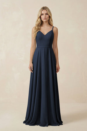 V - Neck A - Line Chiffon Bridesmaid Dress with Crisscross Back in Dark Navy - KissProm Bridesmaid Dresses